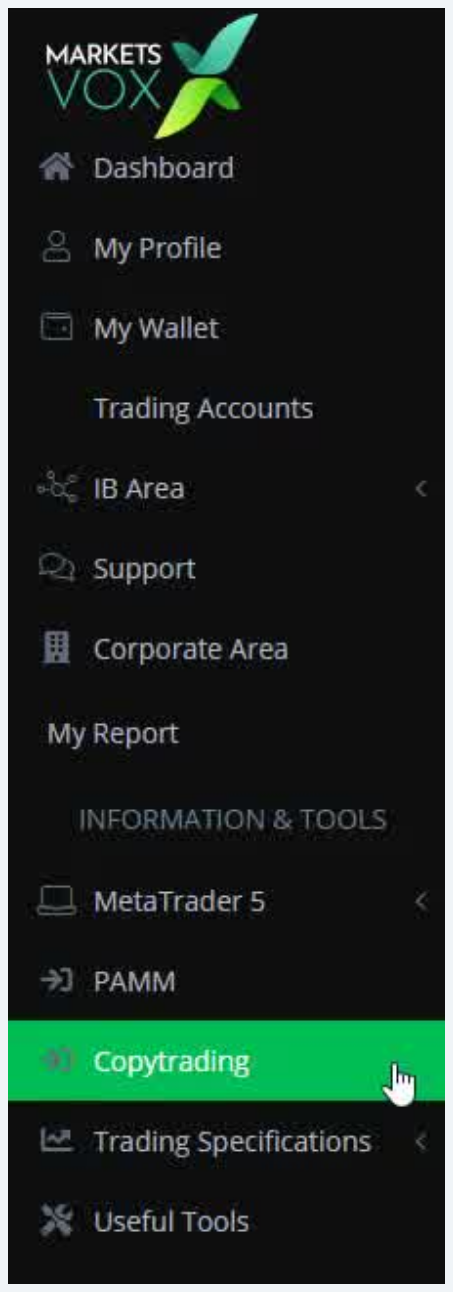 MarketVox sidebar with Copytrading entry highlighted